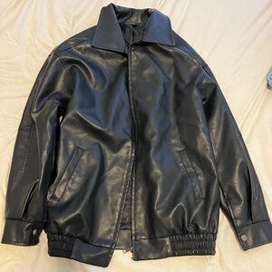 Classic Black Faux Leather Bomber Jacket - Women